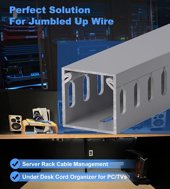 ZhiYo H1.6in W1.6in Professional Server Rack Cable Management Raceway, 99in (6 x L16.5in) Cable Raceway Kit, Electrically Safe PVC Open Slot Wire Raceway for Under Desk/Computer/Network Cords, Grey