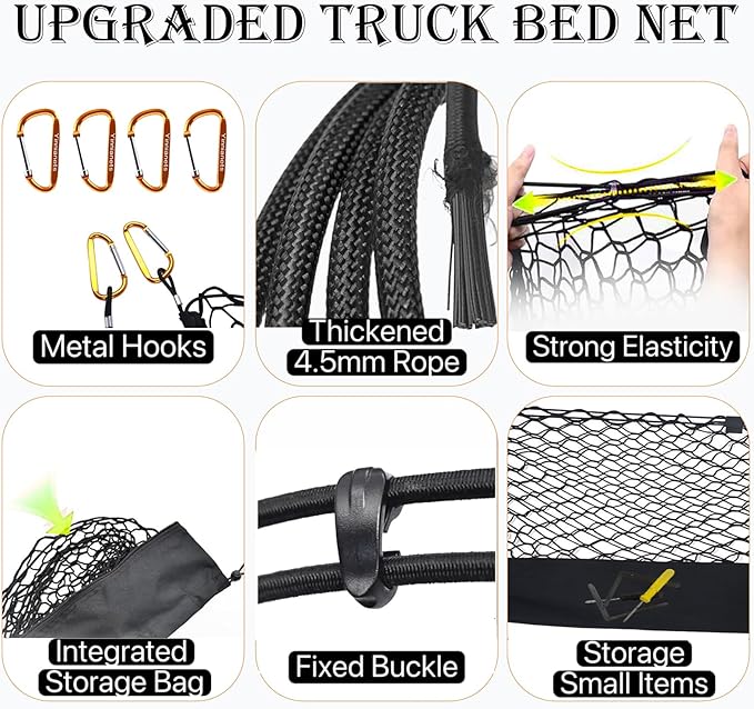 Highly Elastic Truck Bed Cargo Net Compatible with 2015-2025 Ford F150 and Fits 2019-2025 Dodge Ram 1500, Truck Cargo Net for F150/Ram 1500 Accessories, Upgraded Storage Bag & Heavy Duty Carabiners