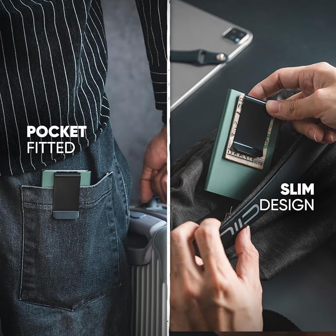 VULKIT Minimalist Wallet with Money Clip RFID Protection Pop Up Card Holder Slim Wallet Credit Card Holder Metal Wallet, Midnight Green
