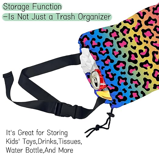 Rainbow Leopard Car Trash Bag,Neon Leopard Hanging Drawstring Car Garbage Bag, Waterproof Canvas Car Back Seat Organizer with Adjustable Buckle, for Vehicles, SUVs, Camping, Road Trips