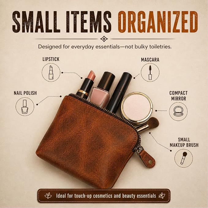 Full Grain Leather Cosmetic Bag – Zippered Makeup Pouch for Women, Small Travel Toiletry & Organizer Pouch for Purse, Premium Handmade Leather (5 × 4 × 2.5 in)