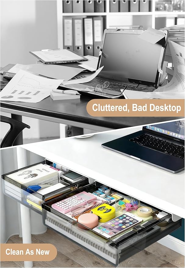Under Desk Drawer Set of 2, Smooth Slide-Out Storage (Medium/Small), Thick PET Material, For Home Office, Desk & Coffee Table