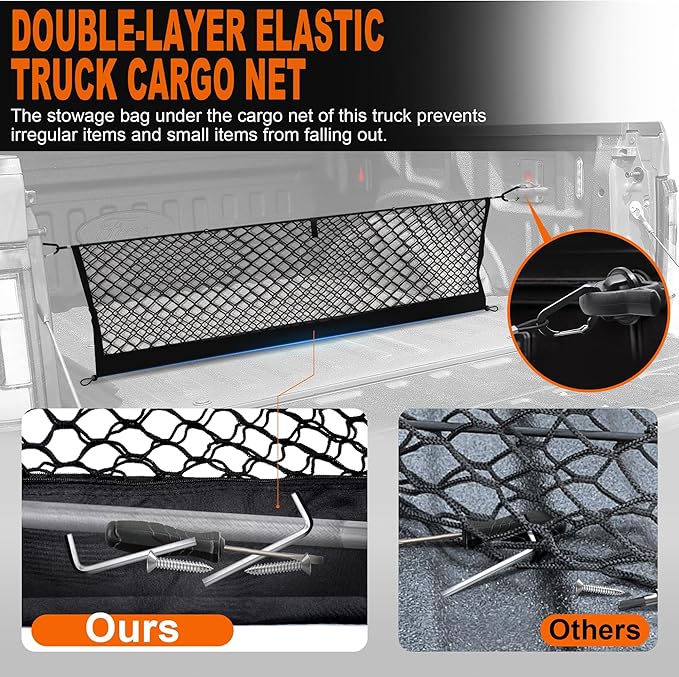 Truck Bed Cargo Net for Ford F150 2015-2024 2025, Envelope Style Pickup Cargo Net with Storage Bag, Heavy Duty Elastic Mesh Organizer with Carabiners, Secures Groceries & Gear