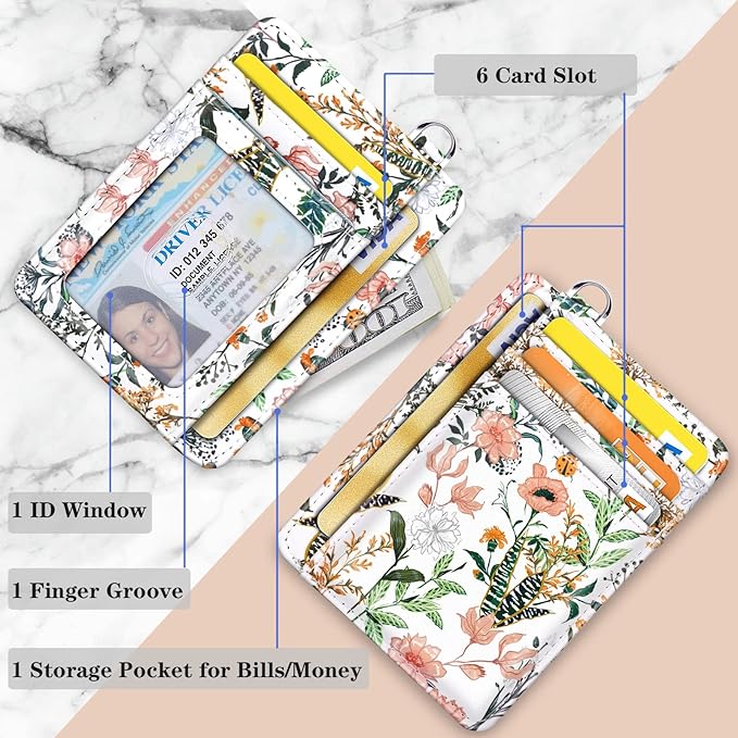 Coco Rossi Slim Front Pocket Wallet RFID ID Card Holder Cute Small Wallet with Wrist Lanyards Key Chain Holder for Women,White Flowers
