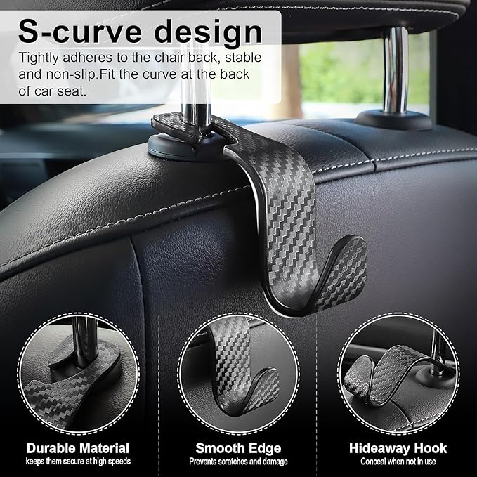 LivTee Car Purse Hook, 4 Pack Universal Auto Seat Headrest Hook Hangers Organizer for Coats, Umbrellas, Groceries - Carbon Fiber Black | Universal, Hangers, Organizer, for Coats, Umbrellas, Groceries