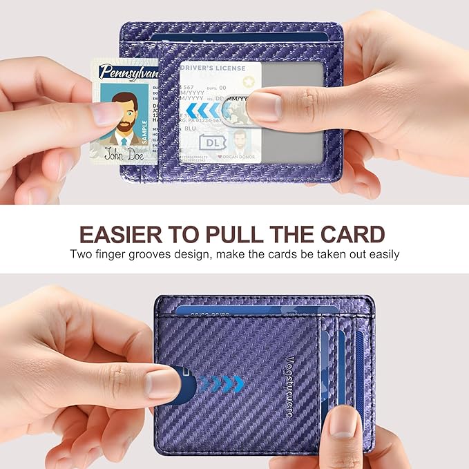 Front pocket thin wallet for Men Women RFID Blocking Credit Card Holder Card Cases Slim Minimalist wallet with Gift Box (1, Carbon Fiber Blue)