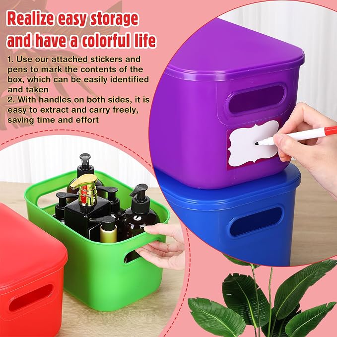 Thyle 24 Pack Colorful Plastic Storage Bins with Lids 7 Quart Vibrant Colored Toy Storage Box Stackable Nestable Organizer Box with Handle and Label for Classroom Shelf Bedroom Desktop School Supplies