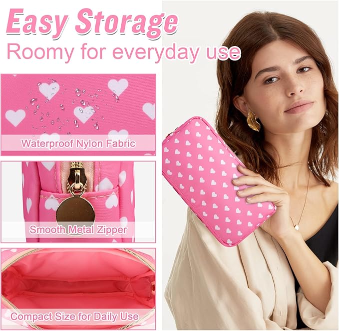 Nylon Small Makeup Bag for Purse, Cute Makeup Bag Preppy Cosmetic Zipper Pouch Purse, Waterproof Portable Travel Toiletry Bag Clutch Makeup Brush Bag Organizer Storage for Women Men Girls(Pink Heart)