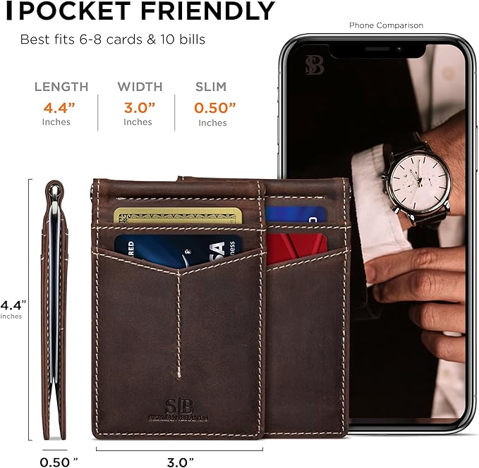 SERMAN BRANDS RFID Blocking Wallet Slim Bifold - Genuine Leather Minimalist Front Pocket Wallets for Men with Money Clip Gift