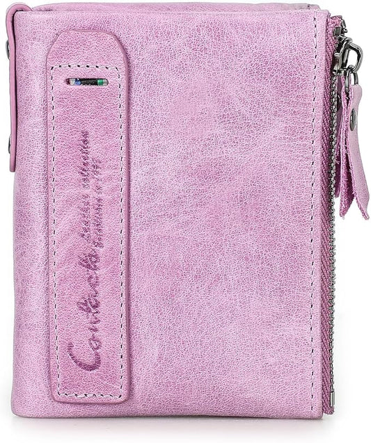 CONTACTS Soft Leather Wallet for Women Small Bifold Coin Purse Double Zipper Card Holder with RFID Blocking (Pinkish Purple)