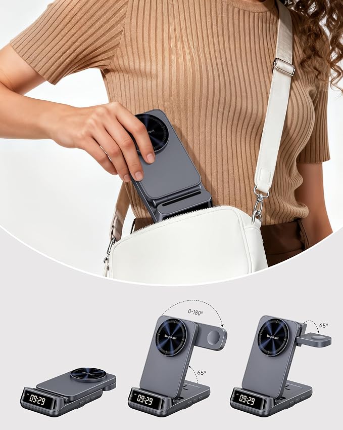 25W 3 in 1 Wireless Charger Stand Compatible with MagSafe, Foldable Travel Magnetic Charging Station with Clock for iPhone 17/16/15 Series, Apple Watch, Air Pods, SwanScout 708M-25W