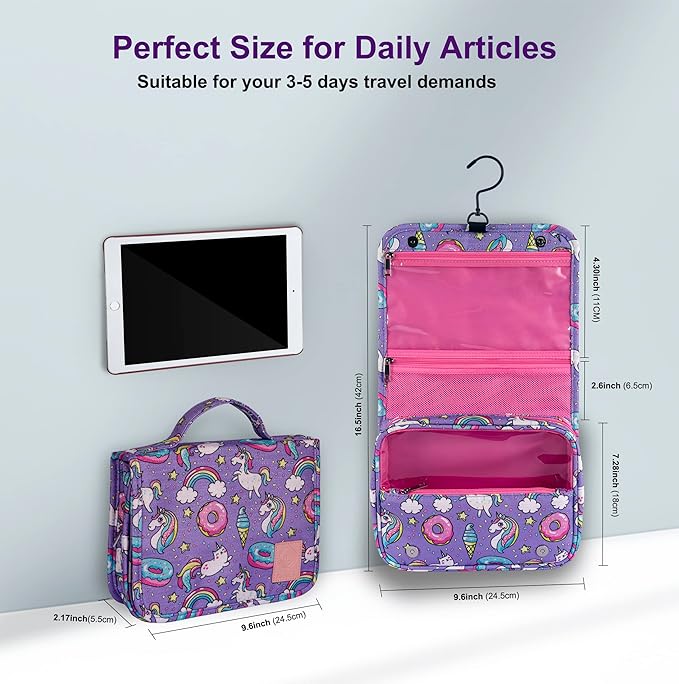 Eudora Cute Rainbow Unicorn Cartoon Toiletry Bag for Girls and Kids, Waterproof Bathroom Bag for Weekend with Many Rooms Pockets and Portable 360 Degree Hanging Hook