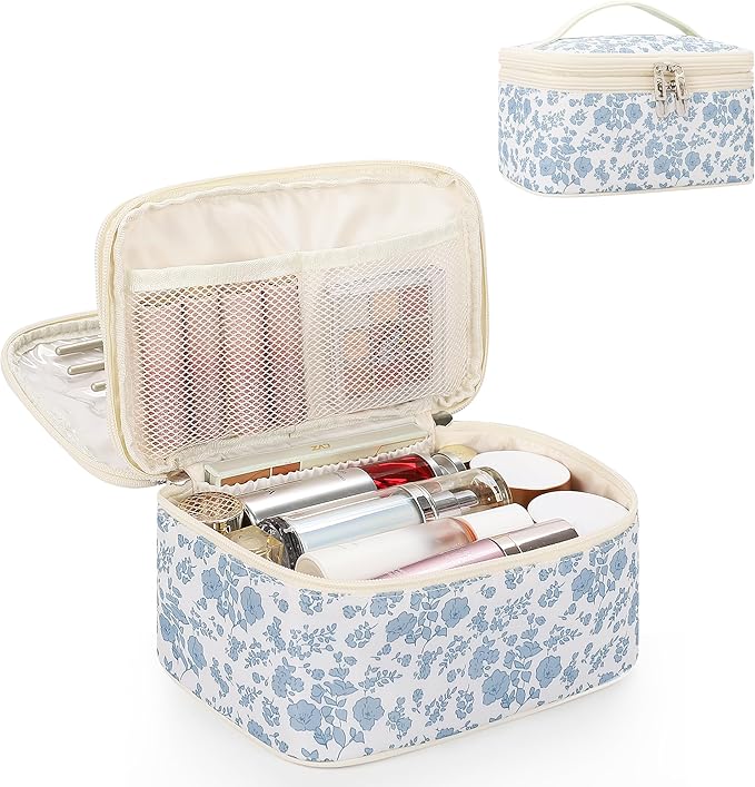 Relavel Travel Makeup Bag, Large Floral Cosmetic Bag with Makeup Brush Compartment, Portable Makeup Pouch for Women, Double Layer Makeup Organizer Bag Cute Toiletry Bag