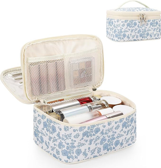 Relavel Travel Makeup Bag, Large Floral Cosmetic Bag with Makeup Brush Compartment, Portable Makeup Pouch for Women, Double Layer Makeup Organizer Bag Cute Toiletry Bag