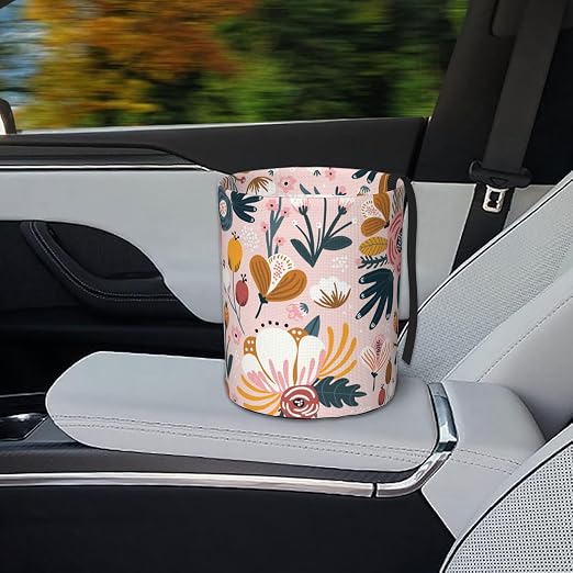 Car Trash Bag Abstract Pink Flowers Waterproof Trash Small Car Can Portable Collapsible Car Garbage Can Hanging for Back Seat Floor or Hanging Headrest Car Decor Road Trip Essentials