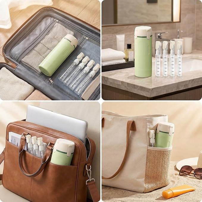 4 in 1 Travel Dispenser Bottle Leak Proof Refillable Travel Bottles Pump Shampoo Conditioner Lotion Cosmetic Containers Portable Set 4 Pack 30ml Air Travel Business Trip Essentials (Green)