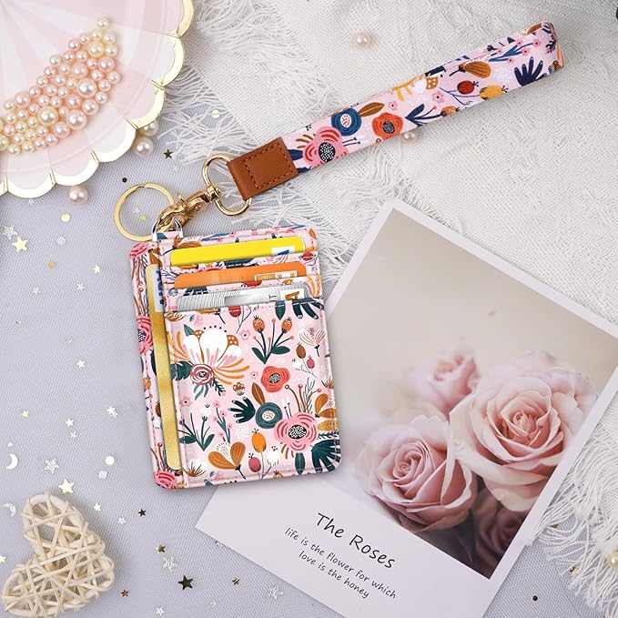 Coco Rossi Slim Front Pocket Wallet RFID ID Card Holder Cute Small Wallet with Wrist Lanyards Key Chain Holder for Women,Pink Flowers