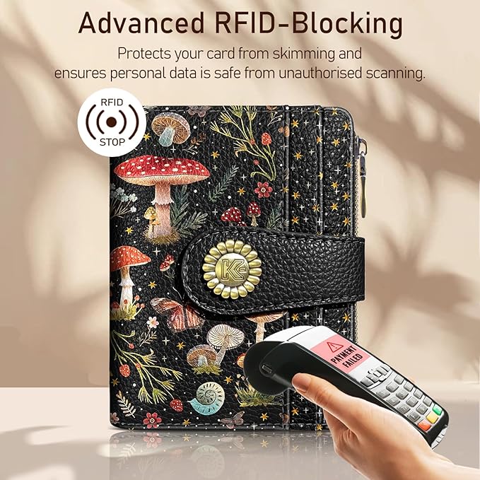 Kelvoris Mushroom Moon Night Small Rfid Women Wallet Bifold Zipper Coin Pocket PU Leather Compact Cash Credit Card Holder Travel Wallet for Female Ladies Teen Girls 1 ID Window 10 Card Slots