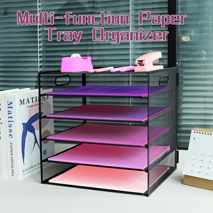 5 Tier Lettrer Tray Organizer, Metal Mesh Desk File Organizer with Sliding Trays, Paper Sorter Desk Organizer for Home Office School, Black