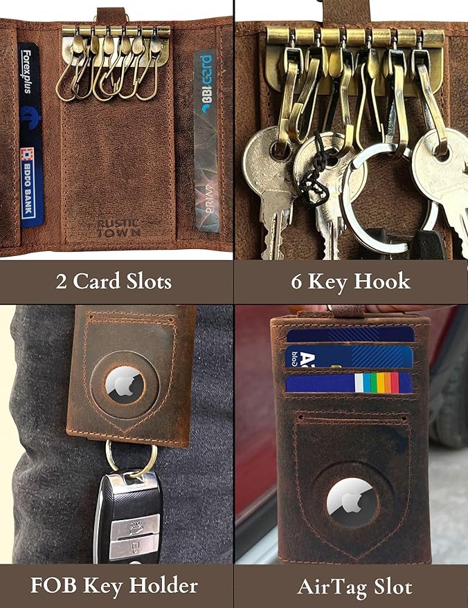 RUSTIC TOWN Leather Key Holder - Smart Fob Car Key Loop Wallet Slim Keychain Pouch - Practical Key Organizer for Men & Women