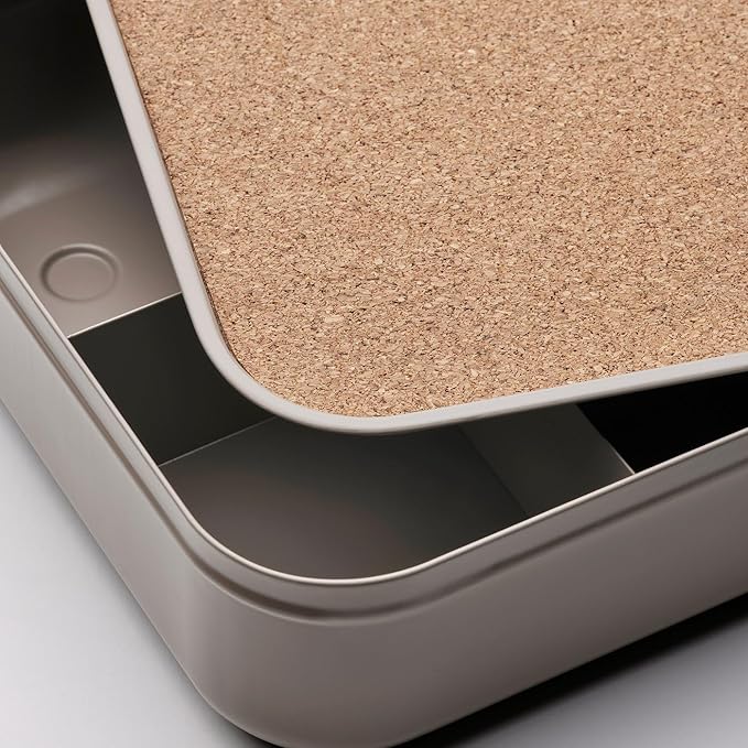 Desktop Storage Box with Cork Lid, 9.5 x 7 x 2.25 inches, Fixed Compartments, Dark Gray-Beige, set of 2