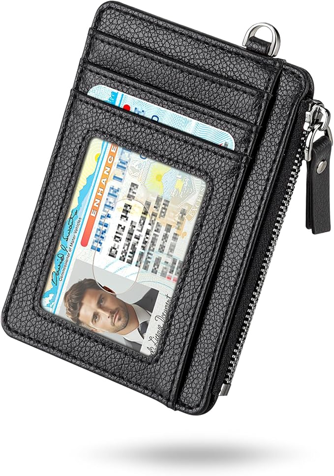 Teskyer Slim Card Holder Wallet with Zip Pocket, RFID Blocking, Total 9 Compartments Large Capacity, 3.5" x 4.7" (Slight Larger Than Usual), Faux Leather - Black