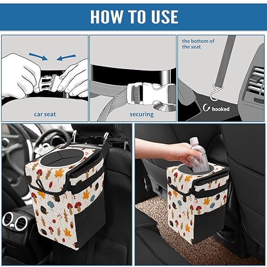 Car Trash Can Hedgehogs Maple Leaves Mushroom Wate-rproof Auto Garbage Bag Car Trash Can with Lid Leak-Proof Car Storage Bag Hanging for Headrest Collapsible and Portable with Storage Mesh Pocket
