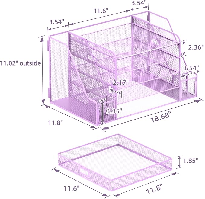 SUPEASY Mesh Desk Organizer with File Holder, 5-Tier Paper Letter Tray Organizer with Magazine Holder, Desktop Organizer and Storage with Drawer for Office Supplies Home or School (Purple)