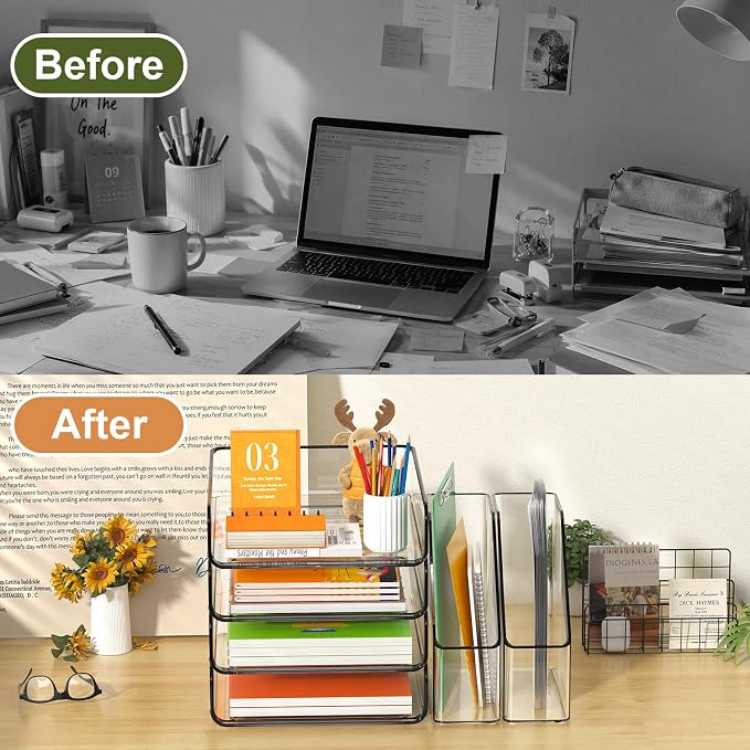 FANXIYQ 4-Tier Acrylic Paper Tray Organizer with Bookends, Clear Stackable Letter Tray Organizer for Desk, Acrylic File Organizer & Office Paper Organizer, Desk Accessories for Home Office