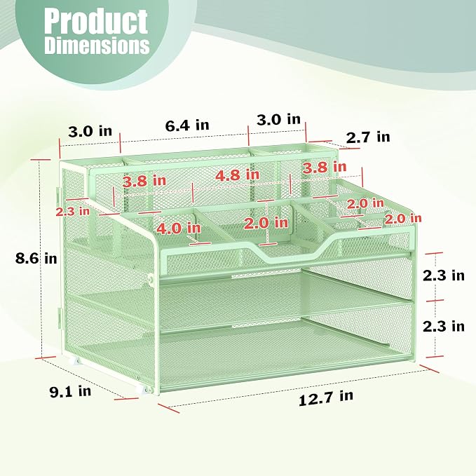Docnest 3 Tier Mesh Desk Organizer for Paper Office Supplies – Multi-Functional Letter Tray with 5 Adjustable Compartments, 3 Pen Holders, Desktop Storage for Files, Mail, Stationery – Green