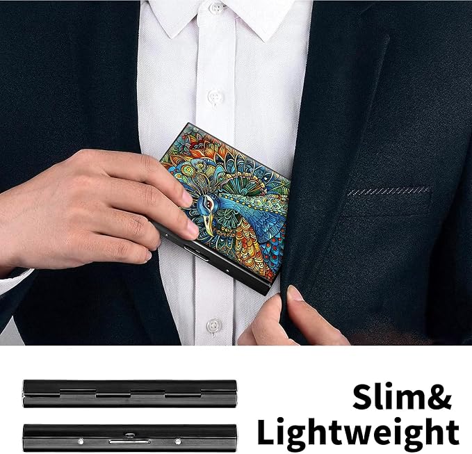 Metal Wallet for Women Men Girls, RFID Blocking Slim Aluminum Credit Card Holder, Mini Travel Wallet with Hard Shell, Lightweight ID & Business Card Case,Art Peacock