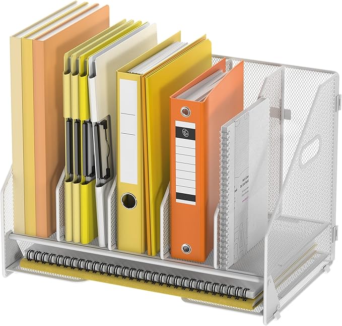 Docnest Desk File Holder Sorter, 5 Vertical Compartments Rack with Letter Tray, Mesh Magazine File Holder with Handle,Workspace Organizers,Desk Organizers for Paper, Mail, Documents-White