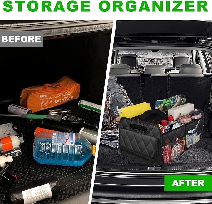 Car Trunk Organizer, Multi-Compartment Auto Trunk Storing Bag with Pockets, Collapsible Organizer and Storage for Sedans, SUVs, Trucks, Universal Interior Car Accessories (Black)