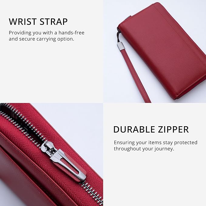 Travel Document Organizer RFID Blocking Leather Multiple Passport Wallet Family Holder Id Wrist Strap(Wine Red)