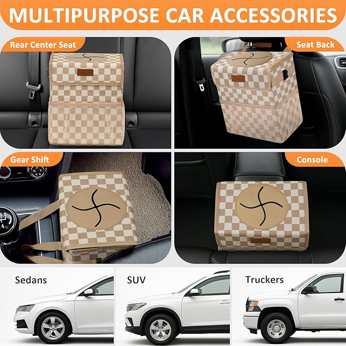 Vankor Car Trash Can Bin with Lid Hanging for Back Seat, Car Accessories for Women Men Leak Proof Automotive Garbage Cans Leakproof Vehicle Trash Can for Truck SUV,Khaki Checkered