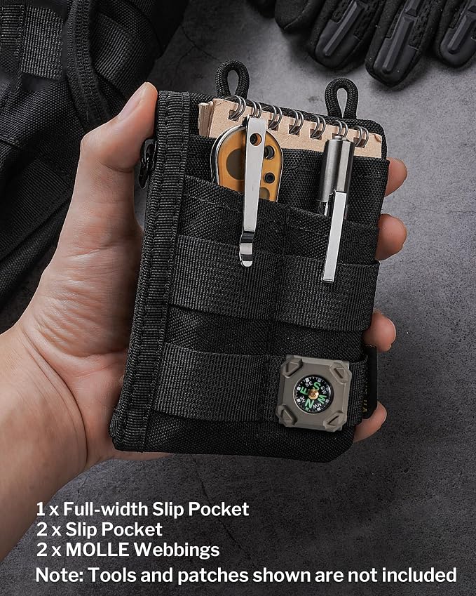 VIPERADE VE18-M EDC Pocket Pouch, Slim EDC Organizer with 3 EDC Slots+2 Zipper Pockets, 1 Large Pocket for Notebook or Cellphone, EDC Pouch for Men