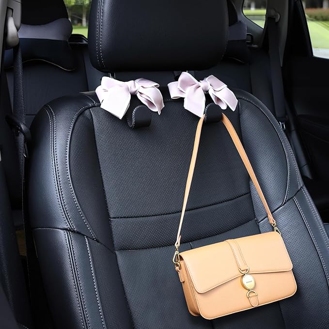 Car Purse Hook, Cute Bow Hooks for Headrest - Leather U-Shaped Purse Holder for Car, Flexible Seat Back Organizer & Durable Vehicle Accessories for Bags, Coats & More (Black&Pink-2 Pack)