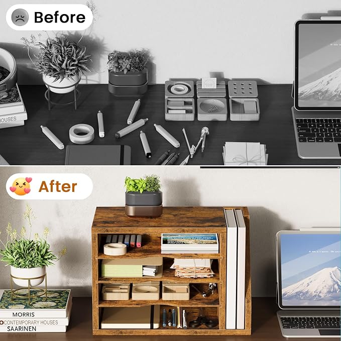 Creso hom Mail Sorter, File Organizer Desktop, Wood Desk Organizer with 3 Adjustable Shelves, Mail Holder for Office, Home, Letter Sorter File Holders for Envelopes, Supplies Magazines, Rustic Brown
