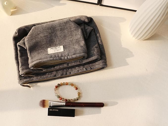 HAPPYHEIDI Gray Velvet Makeup Bag Set 3 with Compartment Cosmetic Toiletry Travel Pouch,Purse Accessory Organizer, 3-Size, Canvas Lined