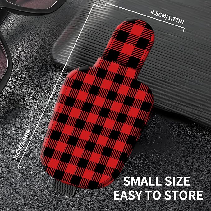 Leather Magnetic Sunglass Holder for Car Sun Visor, Cute Eyeglass Ticket Card Hanger Clip, Universal Auto Interior Accessories for SUV Pickup Truck Red Plaid