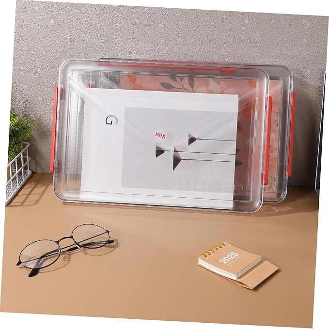 2pcs Clear Plastic File Storage Boxes with Lids and Handles Stackable Document Organizer Bins for Artwork Paper Magazines and Office Supplies Space-saving Desktop Containers