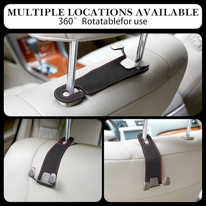 Adorila 2-Pack Car Headrest Hooks | 2-in-1 Vegan Leather Purse Hanger & Phone Holder | Automotive Seat Back Organizers for Bags, Hats or Groceries (Black)