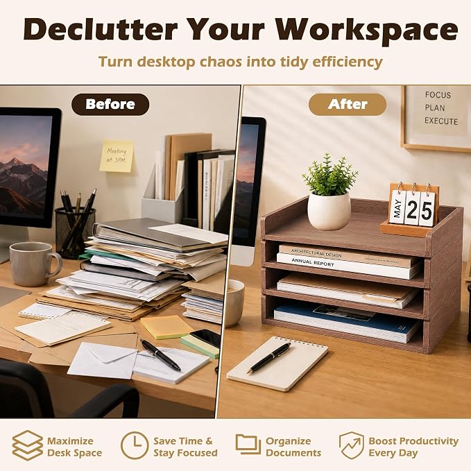 PROLEE 4 Pack Stackable Paper Tray, Wooden Paper Tray Organizer with Letter Tray, Paper Holder for Desk, Desktop File Storage Rack for Study, Home and Office (Walnut)