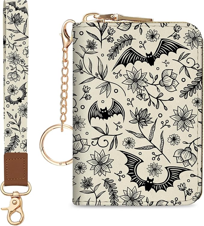 Blusabaca Credit Card Holder for Women, Goth Small RFID Blocking Wallet with Wristlet Strap, Gothic Zipper Keychain Women Wallet, Leather Card Case Wallet Purse with Key Lanyard