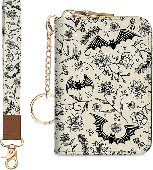Blusabaca Credit Card Holder for Women, Goth Small RFID Blocking Wallet with Wristlet Strap, Gothic Zipper Keychain Women Wallet, Leather Card Case Wallet Purse with Key Lanyard