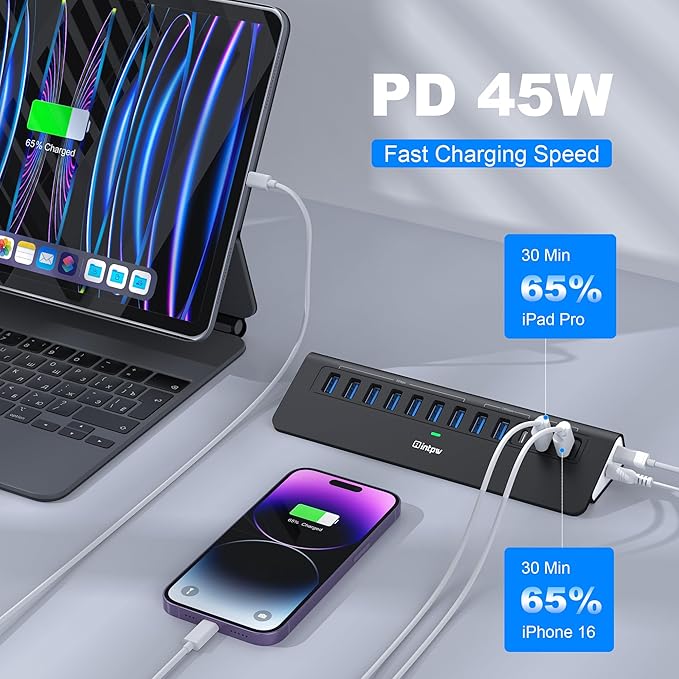 Powered USB Hub 10Gbps, intpw YH9AC 12-Port USB C Hub with 10Gbps USB C 3.2, 2 USB A 3.2, 7 USB 3.0, 2 PD 45W Charging Port, 65W Power Adapter + 3.3FT Cable, Aluminum USB Hub for Laptop/iPhone16/15/PC