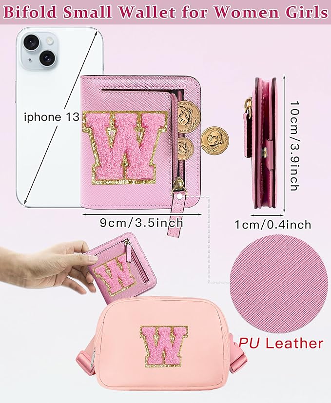 COSHAYSOO Preppy Wallet Gifts for Teen Girls Women Small Wallet RFID Bifold PU Leather Christmas Valentines Easter Mothers Fathers Day Nurse Appreciation Graduation Gifts Chenille Letter W Pink