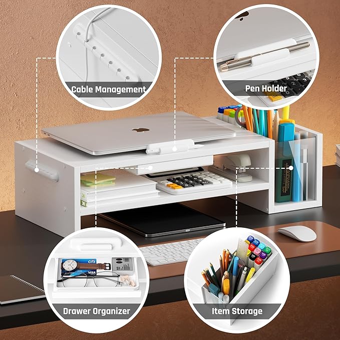 Adjustable Wood Laptop Stand, Ergonomic Height & Angle Computer Riser with Pen Holder – Compatible with MacBook Air/Pro, Dell, HP, Lenovo & 10-17.3" Notebooks – White