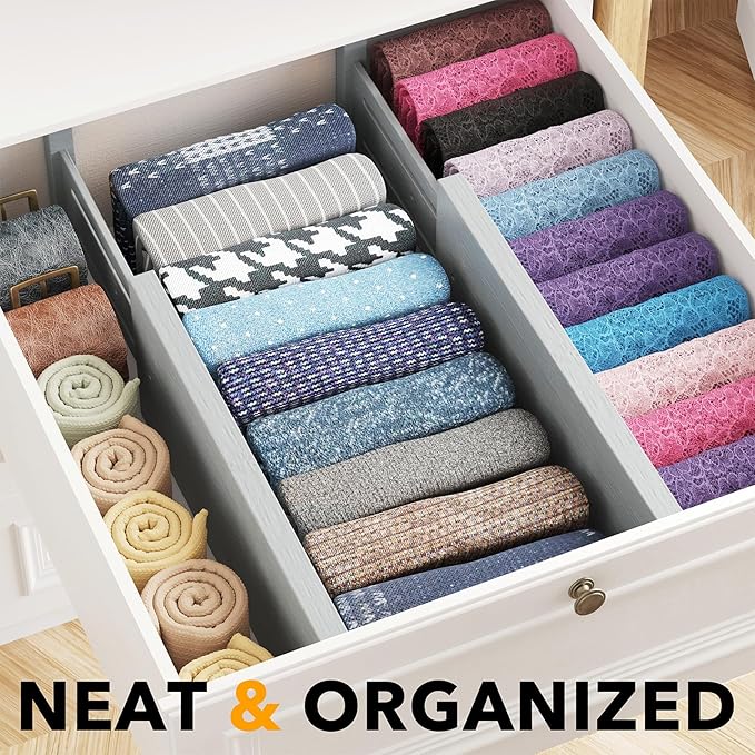 SpaceAid Bamboo 4 Pack Dresser Drawer Dividers, 4.65??High Adjustable 12.5??17??Drawer Organizers, Expandable Organization for Clothing, Clothes, Dressers, Gray