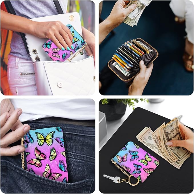 Credit Card Holder RFID Wallet, Small Card Holder Wallet for Women with Keychain Zipper, Funny Leather Print Credit Card Wallets Accordion Gift